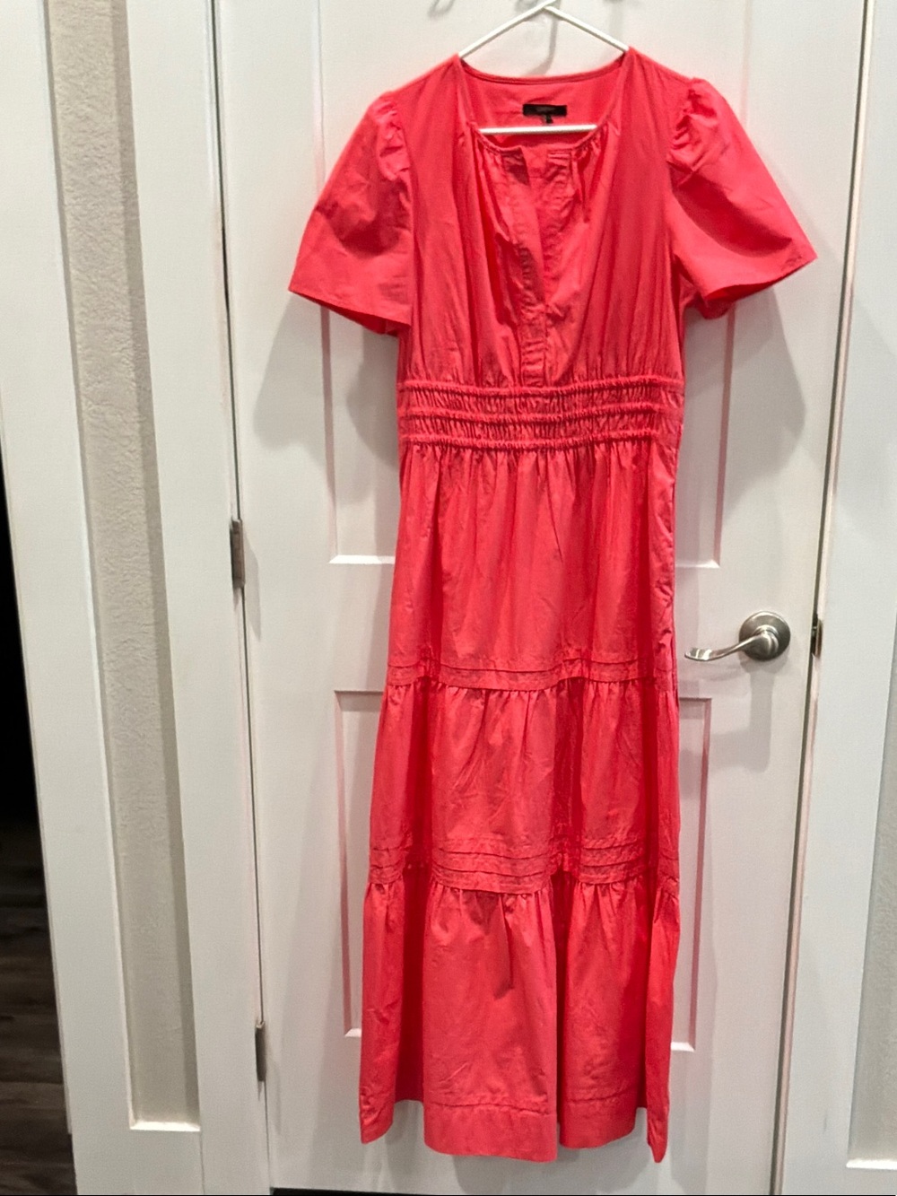Quince Medium Poplin Tiered Spiced Coral Maxi Dress 100% Organic Cotton Pockets